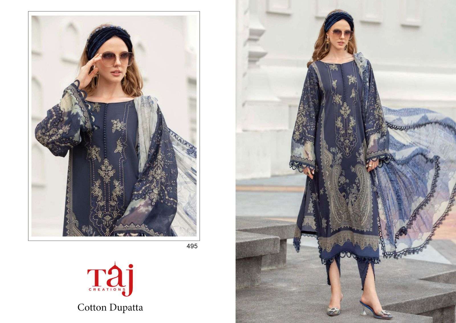 Taj Creations 495 & 496 Pure Cotton Print with heavy embroidery suit