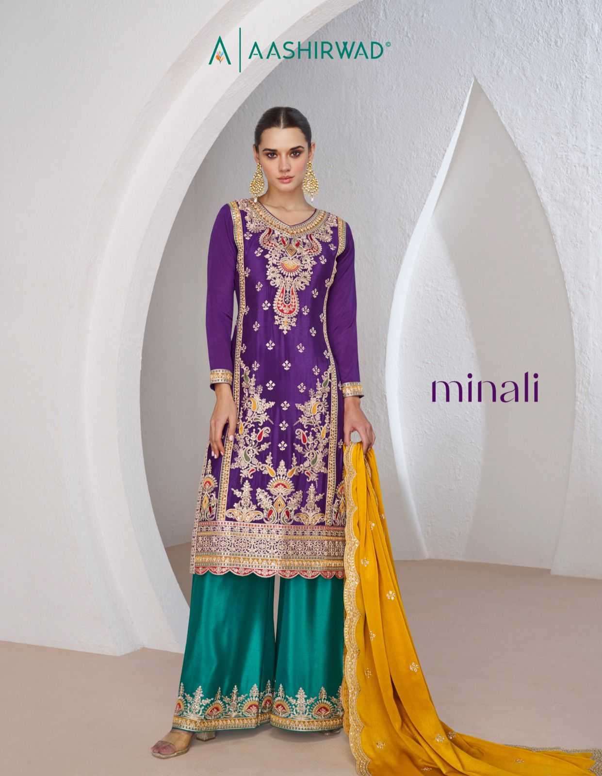 aashirwad minali series 9984-9985 premium chinon silk readymade suit 
