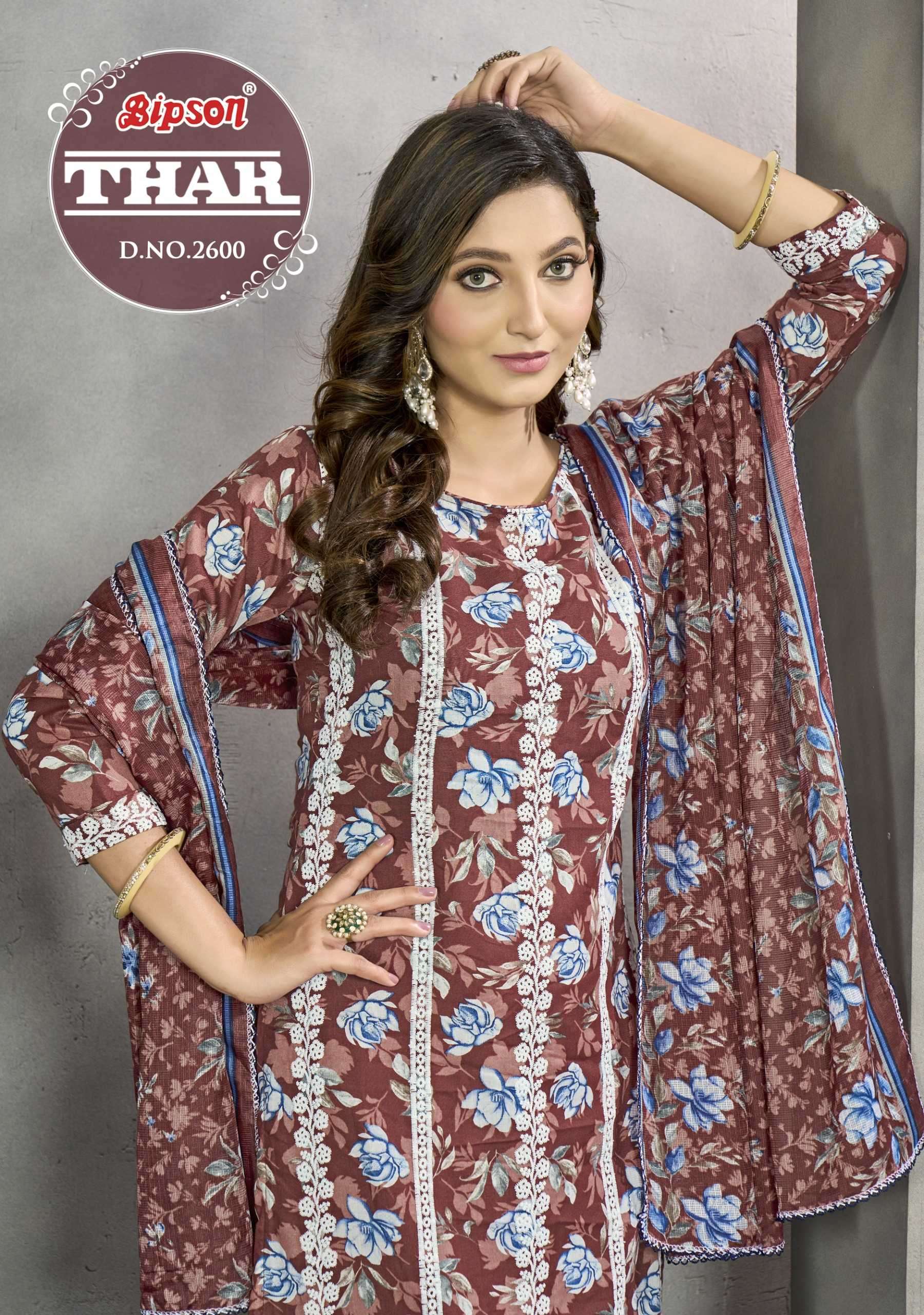 bipson thar 2600 Pure Cotton Print With White Thread Embroidery Work suit
