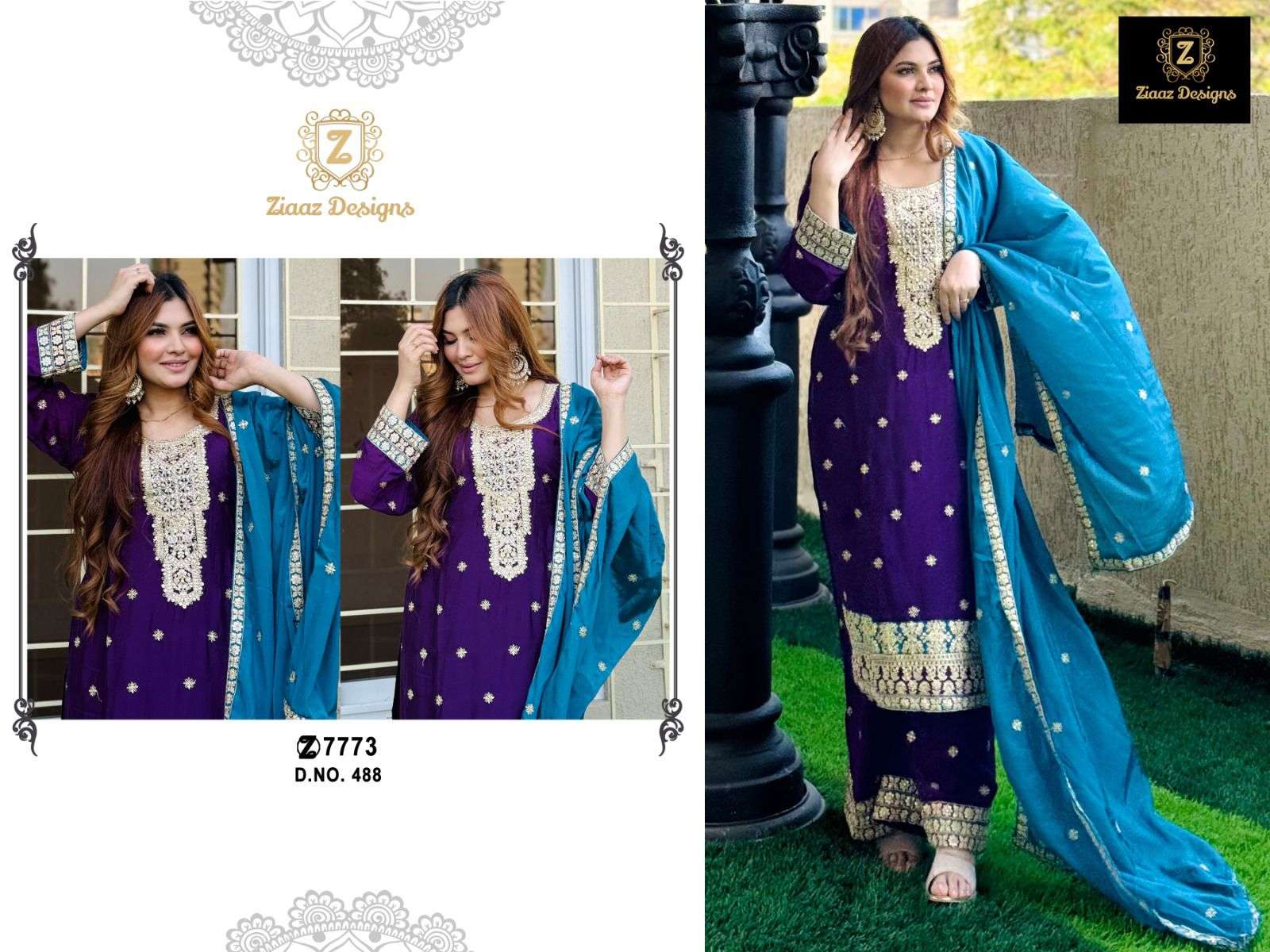 Ziaaz Designs 488 Chinon Semi stitched very heavy embroidery suit