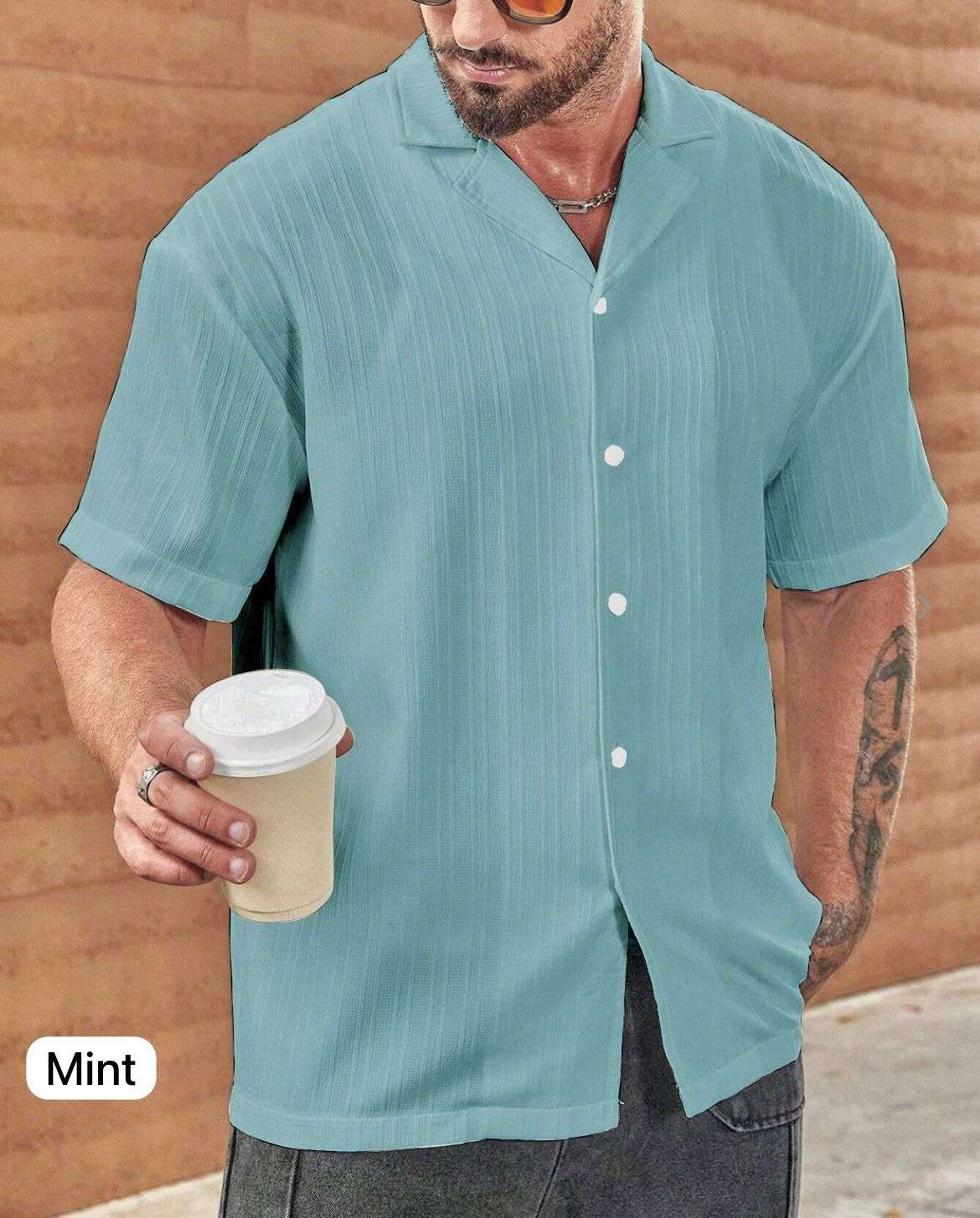 Cuban Boys Soft fabric Sugar-can Textured Collar Shirt For regular and Vacation